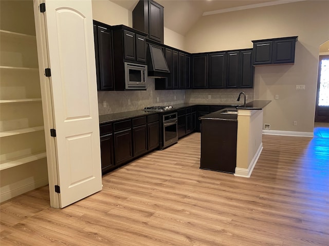 kitchen with custom exhaust hood, light hardwood / wood-style flooring, decorative backsplash, and stainless steel appliances