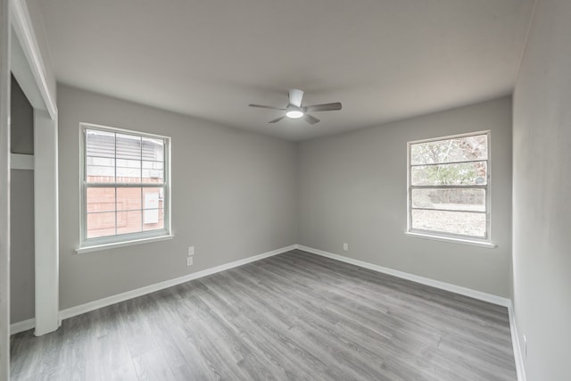 spare room with ceiling fan and light wood-type flooring