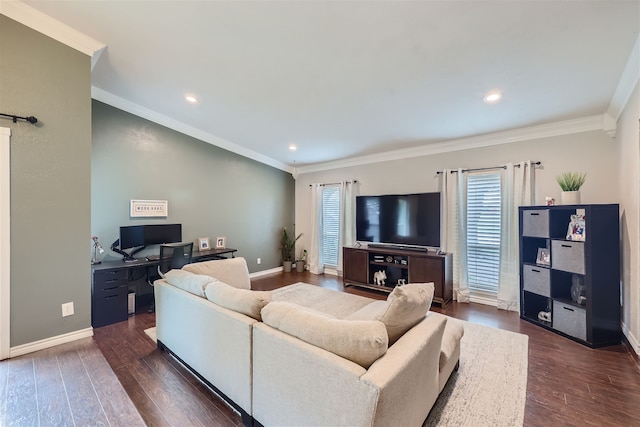 living room featuring dark hardwood / wood-style floors and ornamental molding