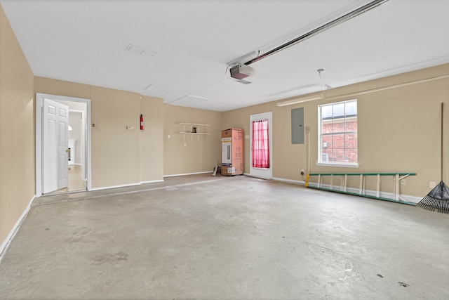 garage with electric panel, water heater, and a garage door opener