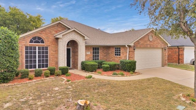 ranch-style house with a front lawn and a garage