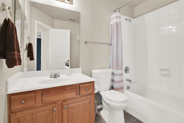 full bathroom with toilet, shower / tub combo, and vanity