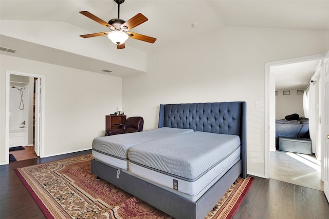 bedroom featuring dark wood-type flooring, ceiling fan, and lofted ceiling