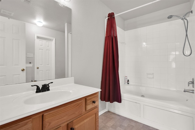 bathroom with vanity and shower / bathtub combination with curtain