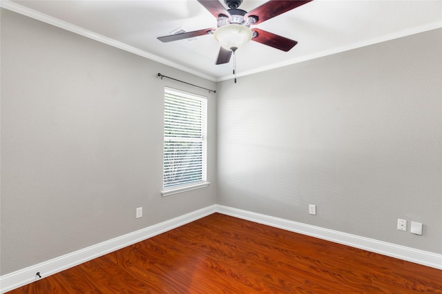 empty room with hardwood / wood-style floors, ceiling fan, and ornamental molding