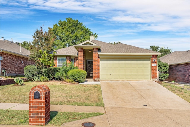 ranch-style home featuring a garage and a front yard