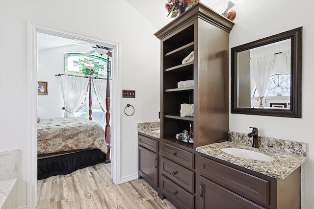 bathroom with wood-type flooring, vanity, and vaulted ceiling