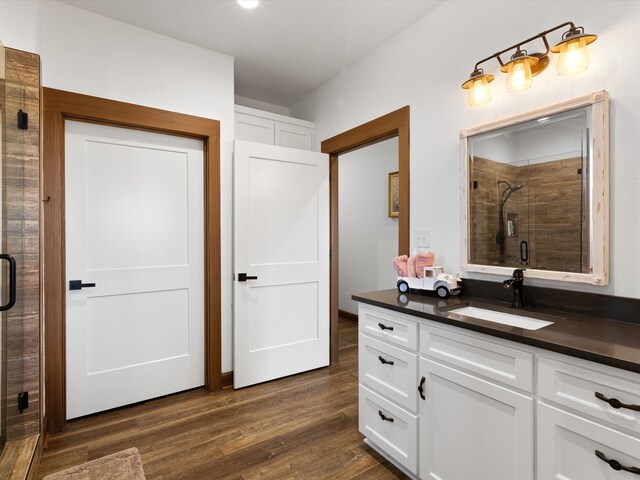 bathroom featuring vanity, walk in shower, and wood-type flooring