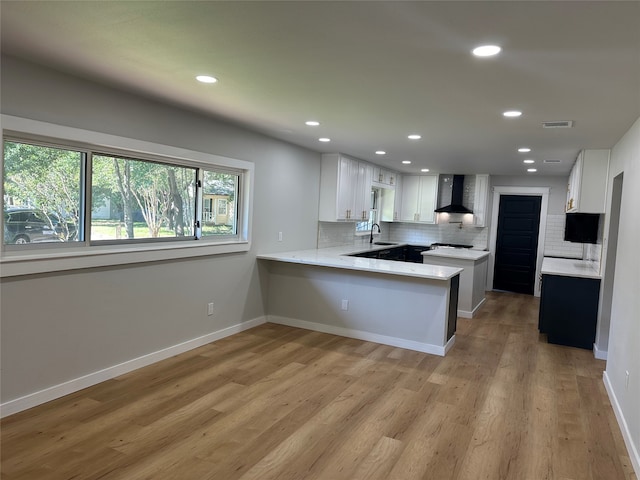 kitchen featuring sink, white cabinetry, backsplash, kitchen peninsula, and wall chimney exhaust hood