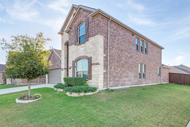 view of property exterior featuring a lawn and a garage