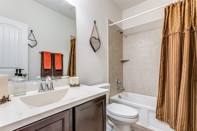 full bathroom featuring vanity, toilet, and shower / bathtub combination with curtain