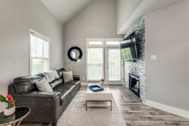 living room featuring wood-type flooring, lofted ceiling, and a fireplace