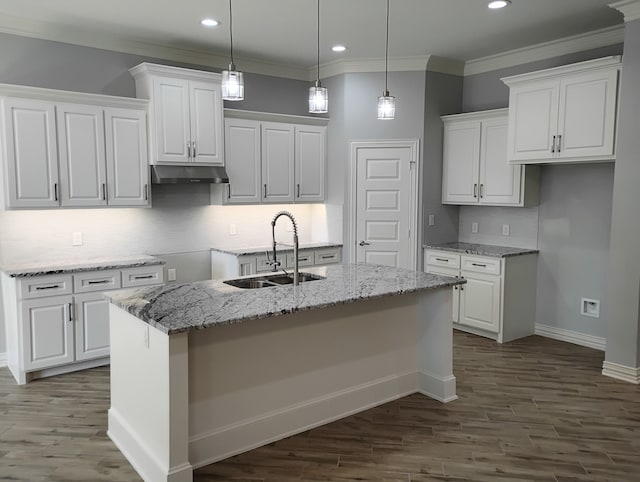 kitchen featuring white cabinets, a kitchen island with sink, and sink