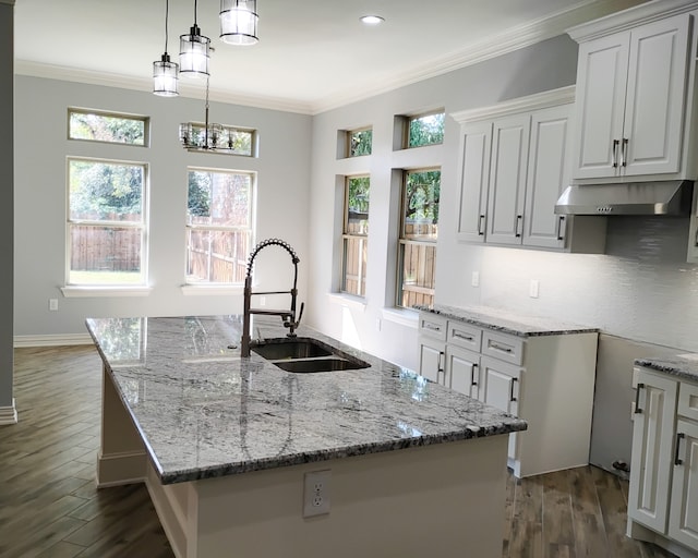 kitchen featuring dark hardwood / wood-style floors, white cabinetry, sink, and a kitchen island with sink