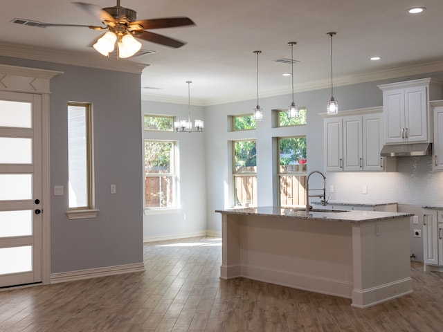 kitchen with light stone countertops, pendant lighting, a center island with sink, white cabinets, and hardwood / wood-style floors