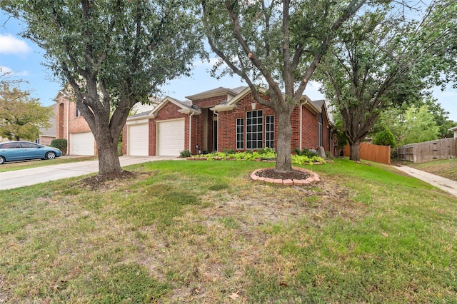 single story home featuring a front yard and a garage