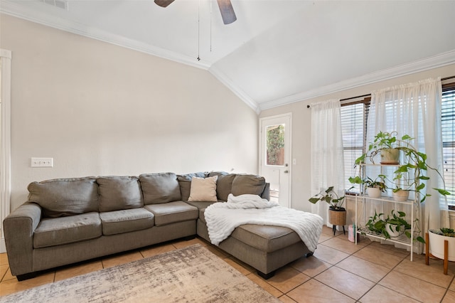 tiled living room with crown molding, lofted ceiling, and ceiling fan