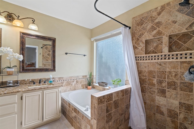 bathroom with vanity and plus walk in shower