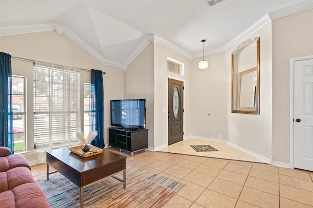 living room featuring lofted ceiling, crown molding, and light tile patterned floors