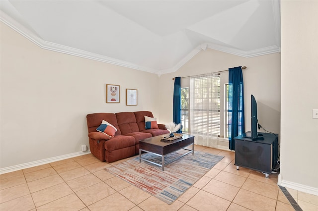 living room featuring ornamental molding, vaulted ceiling, and light tile patterned floors