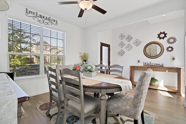 dining space featuring ceiling fan and wood-type flooring