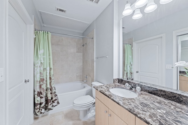 full bathroom with vanity, toilet, tile patterned flooring, and shower / tub combo with curtain