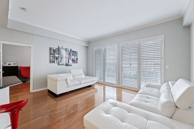 living room featuring ornamental molding and hardwood / wood-style floors