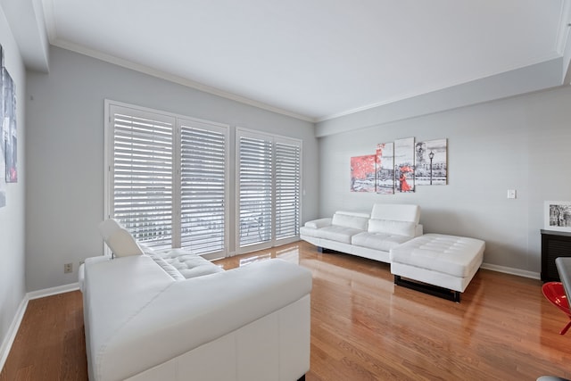 living room featuring ornamental molding and wood-type flooring