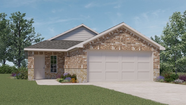 ranch-style house featuring a front yard and a garage