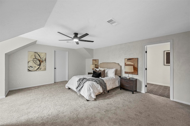 bedroom with carpet, vaulted ceiling, and ceiling fan