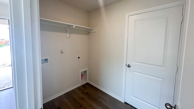 clothes washing area featuring hookup for an electric dryer, dark wood-type flooring, and hookup for a washing machine