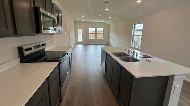 kitchen featuring lofted ceiling, appliances with stainless steel finishes, a kitchen island with sink, light wood-type flooring, and sink