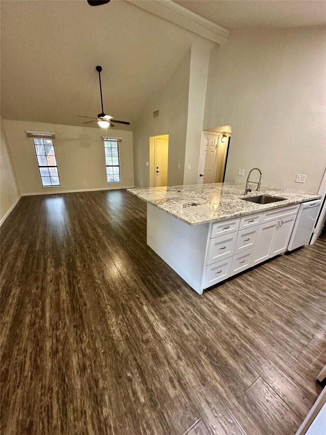 806 Mckinney Ave, Princeton, TX 75407 - kitchen with ceiling fan, dark wood finished floors, dishwasher, a sink, and white cabinetry