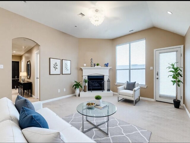 living room with light carpet and lofted ceiling