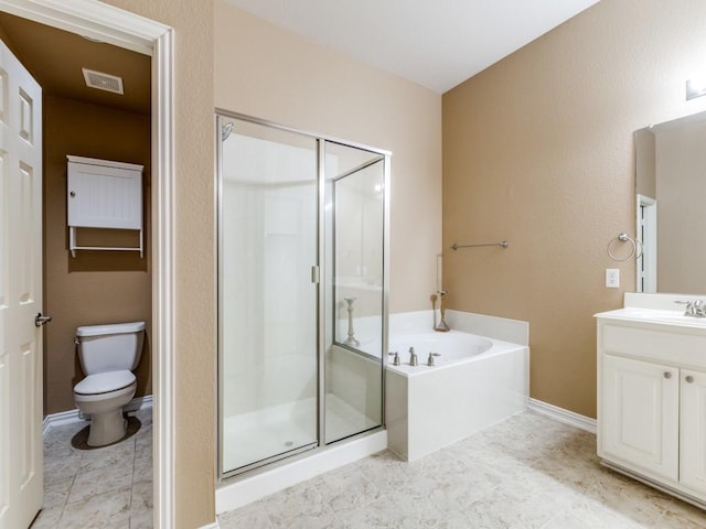 bathroom with visible vents, a stall shower, toilet, a bath, and vanity