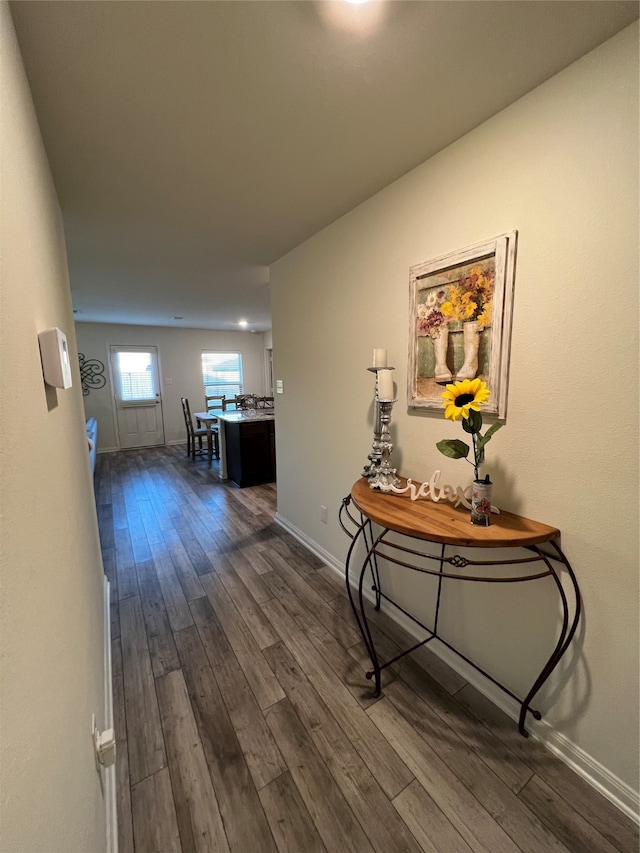 corridor with dark hardwood / wood-style flooring