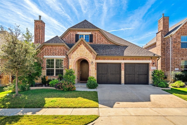 view of front facade featuring a front yard and a garage