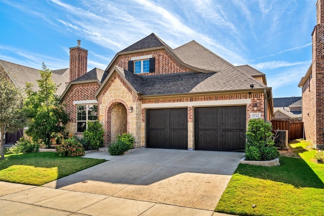 view of front facade featuring a garage, stone siding, a shingled roof, and a front yard