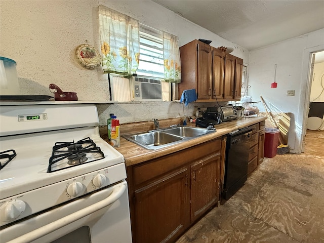 kitchen with sink, black dishwasher, white range with gas stovetop, and cooling unit