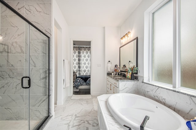 bathroom featuring vanity and plus walk in shower