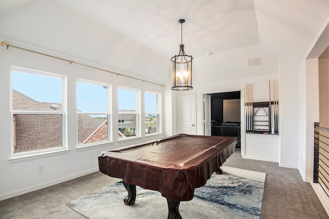 game room featuring carpet, vaulted ceiling, and pool table