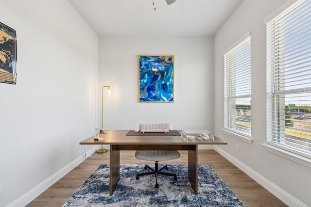 office space with ceiling fan and hardwood / wood-style floors