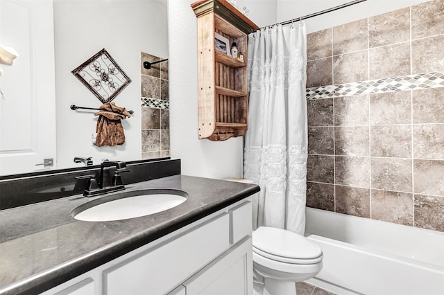 full bathroom with vanity, toilet, tile patterned floors, and shower / bathtub combination with curtain