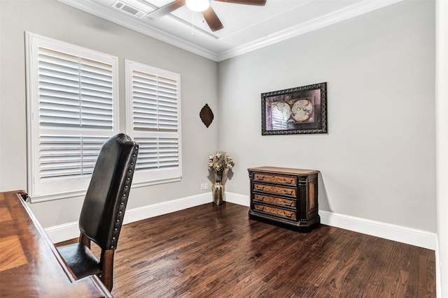 office area featuring crown molding, dark hardwood / wood-style floors, and ceiling fan