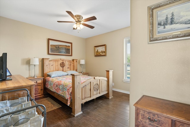 bedroom featuring dark hardwood / wood-style floors and ceiling fan