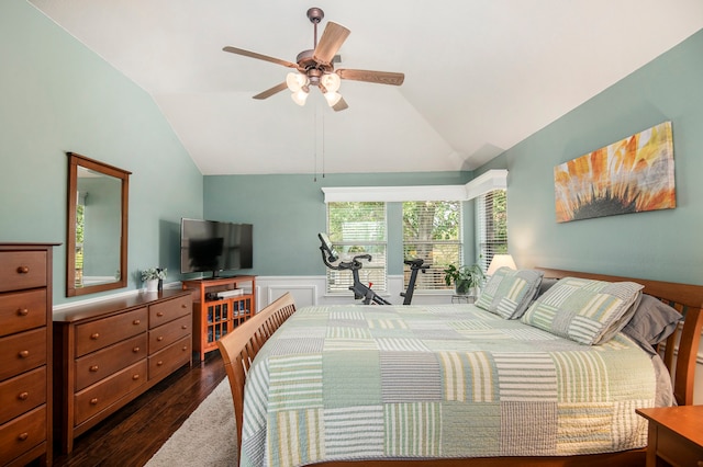 bedroom featuring dark wood-type flooring, ceiling fan, and lofted ceiling