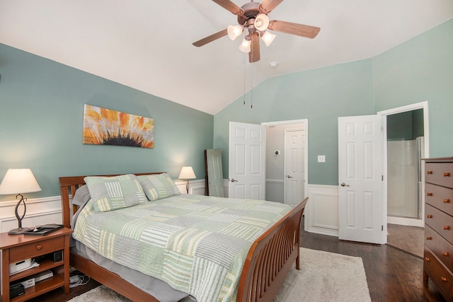 bedroom featuring high vaulted ceiling, dark wood-type flooring, and ceiling fan