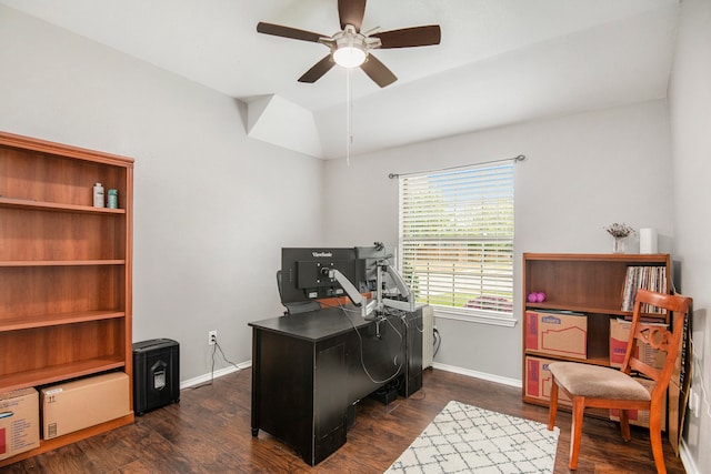 office space featuring dark wood-type flooring, ceiling fan, and lofted ceiling