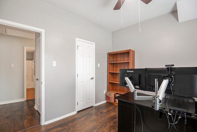 office featuring ceiling fan and dark hardwood / wood-style floors