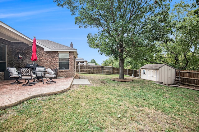 view of yard with a patio area and a shed